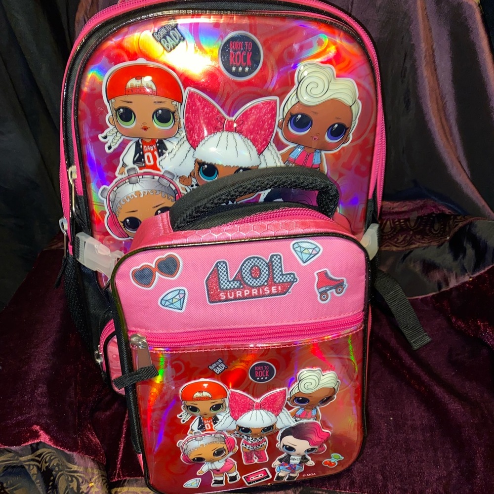 Large LOL backpack with insulated lunch bag. Lots of storage compartments.